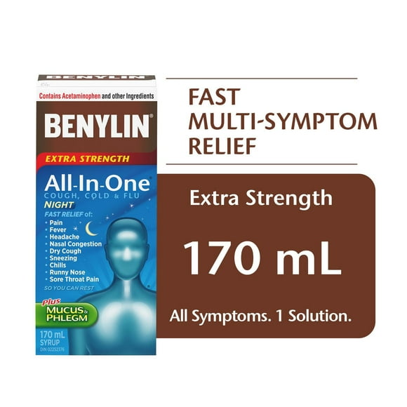 Benylin Extra-puissant, Tout-en-un Toux, rhume et grippe, Nuit, soulage les symptômes de rhume, toux et grippe, sirop 170 ml