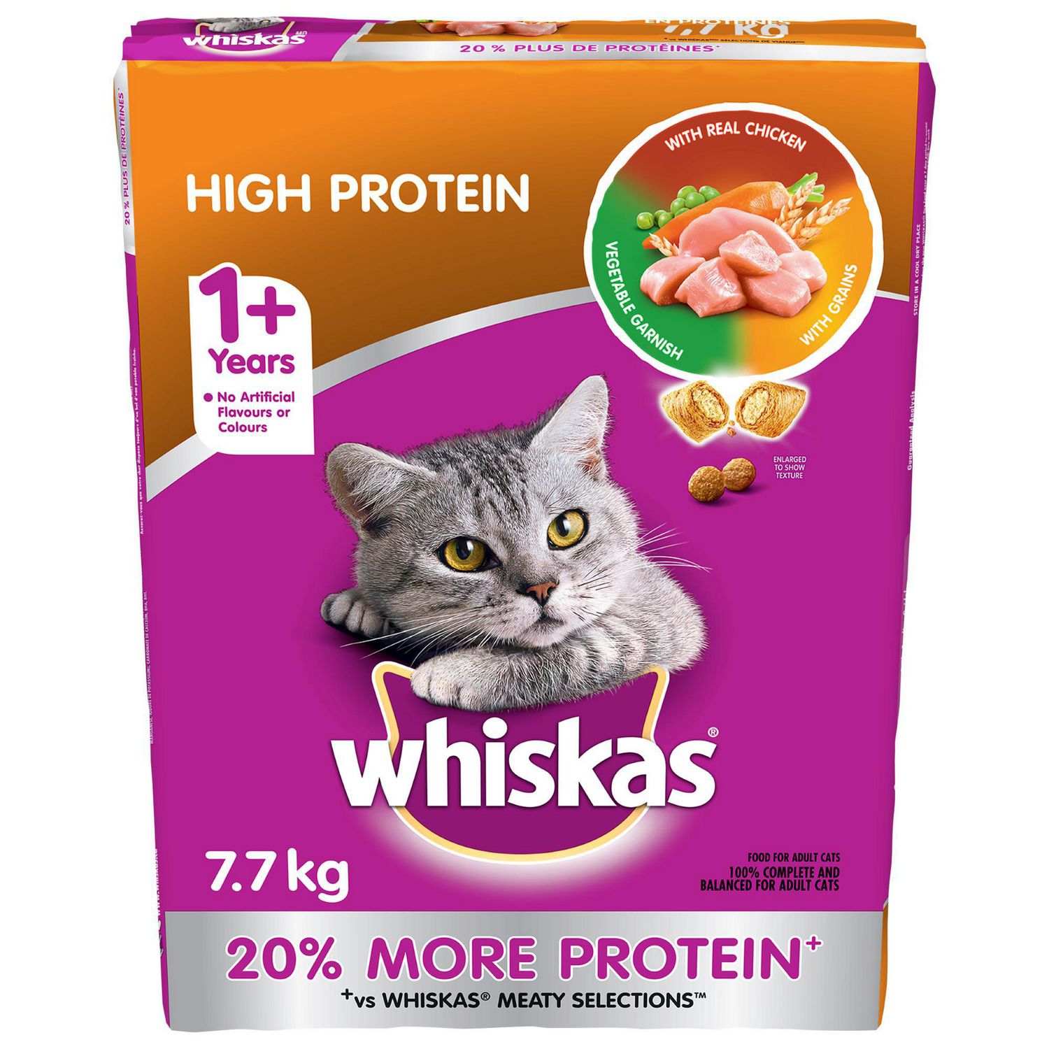 WHISKAS Dry Cat Food High Protein With Real Chicken, 7.7 kg, Bag