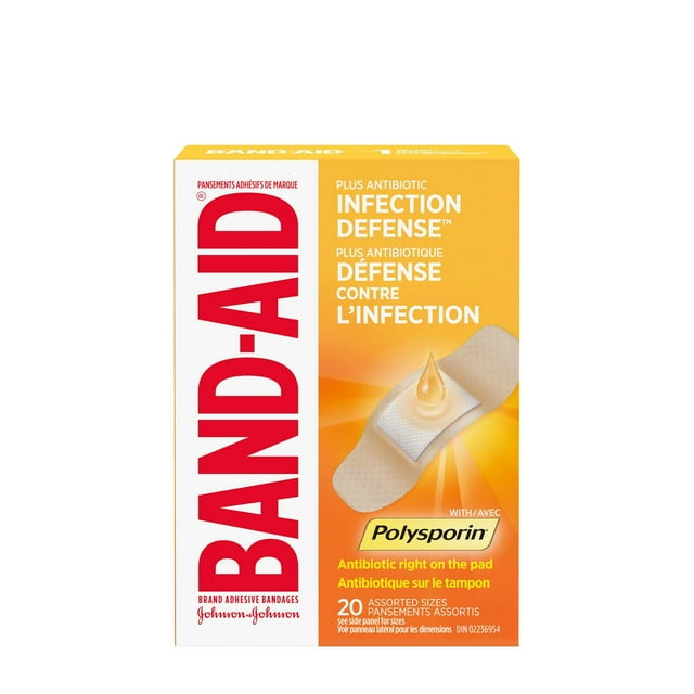 Band-Aid Brand Adhesive Bandages with Polysporin Antibiotic Ointment, Pack of Assorted Sizes, for Wound Care and First Aid, 20 Count