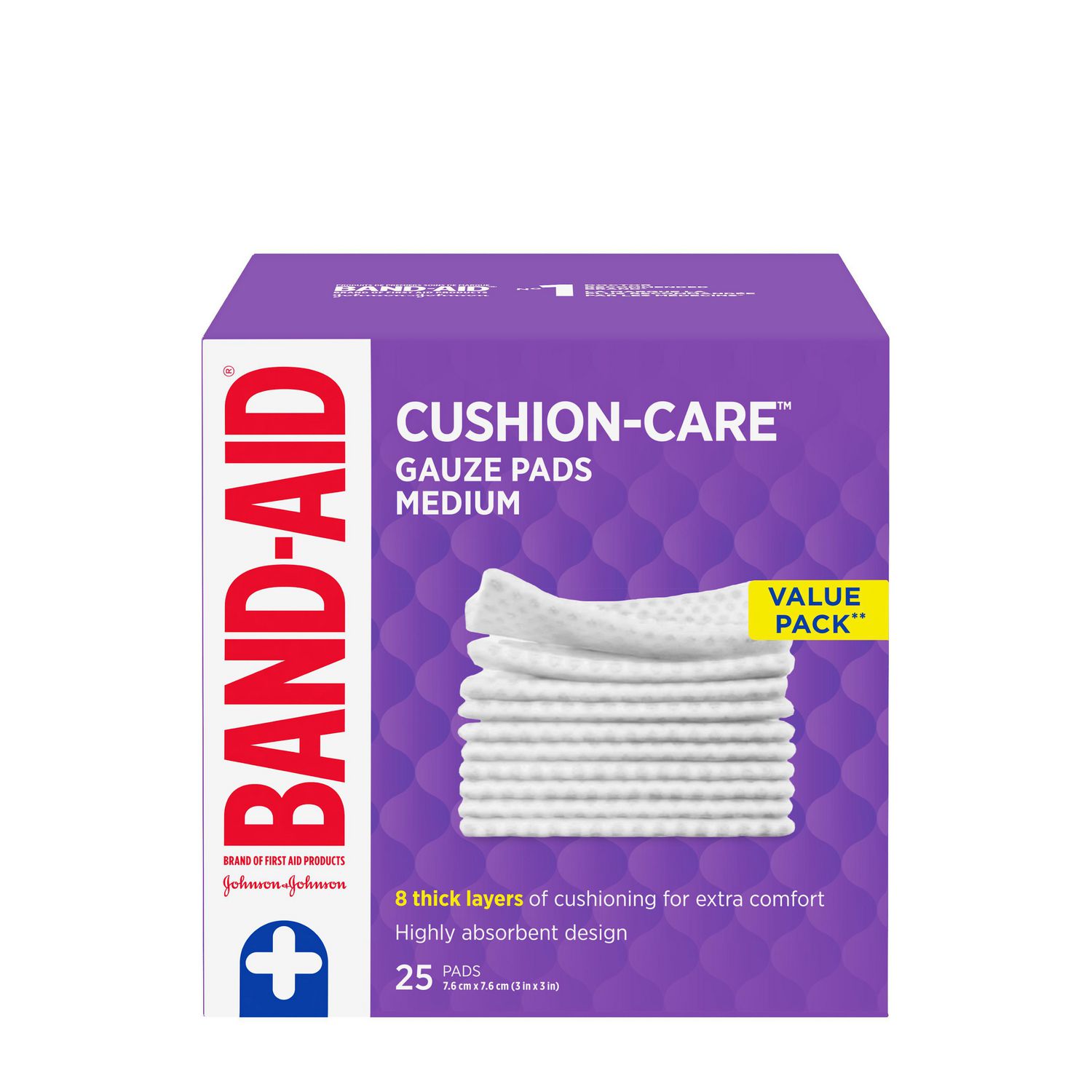Band-Aid Brand CUSHION-CARE™ Medium Gauze Pads, 3 Inches by 3 Inches, 25 Count Value Pack