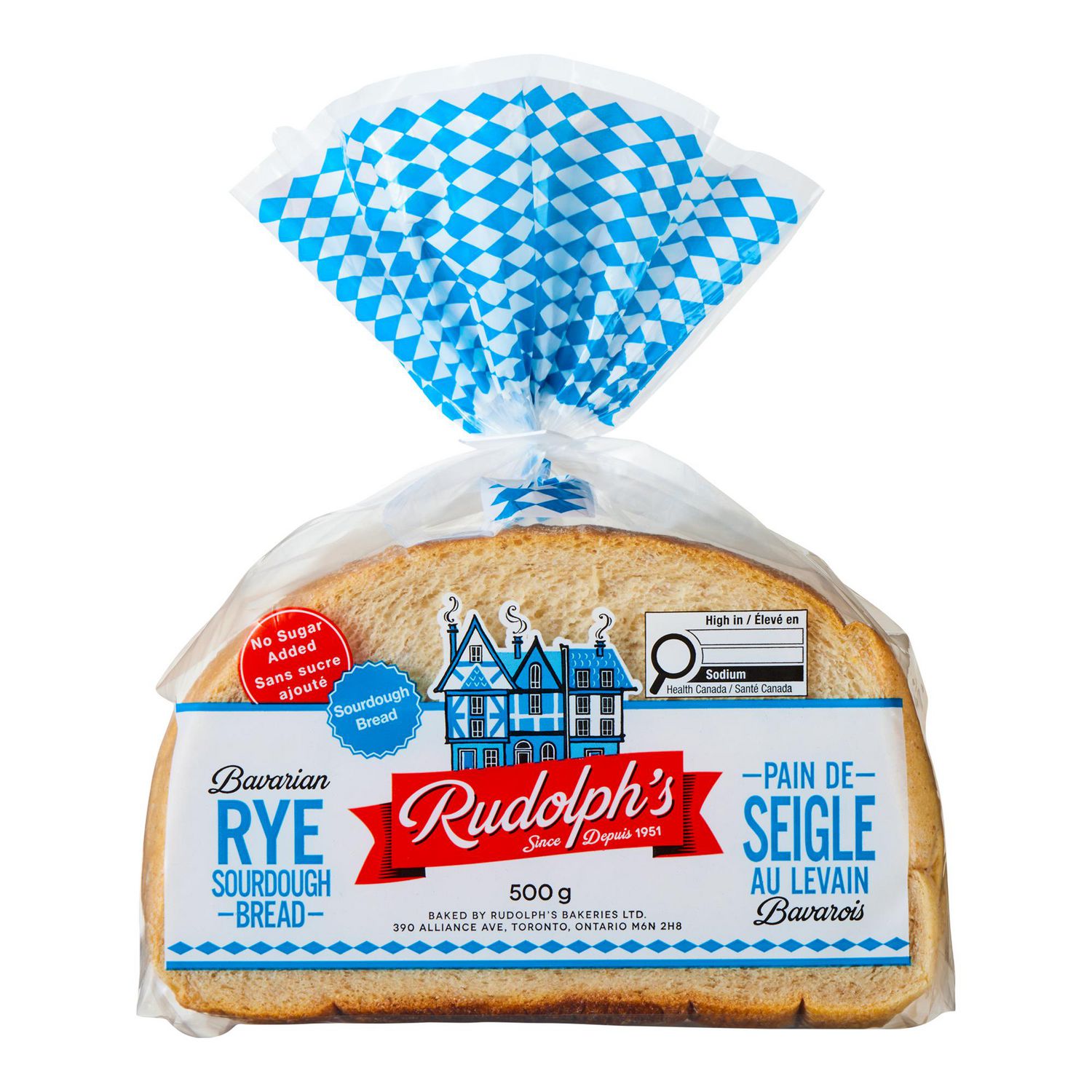 Rudolph’s Bavarian Rye Sourdough Bread sliced sandwich loaf, front-facing view with stacked even slices showing dark rye and wheat sourdough crumb and browned crust; hearty nutty flavour per product specs, made in Canada, ideal for Reuben or corned beef sandwiches and suitable for rustic croutons or stuffing.