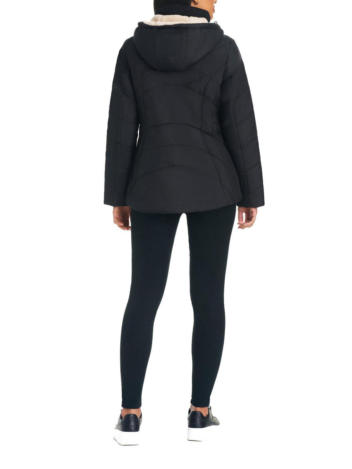 Details Women's Zip Front Bib With Faux Sherpa Hood Puffer Jacket