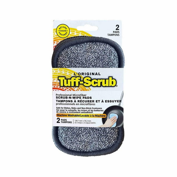 L’original Tuff-Scrub® Tampons à récurer et à essuyer, Emballage de 2 petits tampons, Sûr pour la vaisselle, les éviers et les batteries de cuisine à revêtement antiadhésif, Lavable à la Machine Tampons anti-égratignure et lavable à la machine