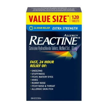 Reactine Extra Strength Antihistamine Tablets - 10mg Cetirizine Hydrochloride - 24 Hour Allergy Symptom Relief Medicine, 120 Count