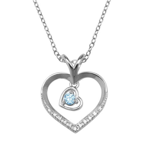 Pendentif à coeur double en argent sterling sertie d'un topaz bleu véritable et de particule de diamant