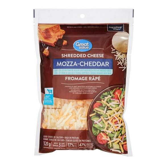 Great Value Light Mozza-Cheddar Shredded Cheese, 320 g