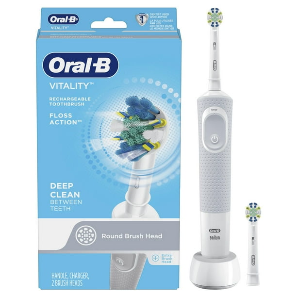 Brosse à dents électrique rechargeable Oral-B Vitality FlossAction avec 2 brossettes un manche rechargeable, un chargeur et deux brossettes FlossAction