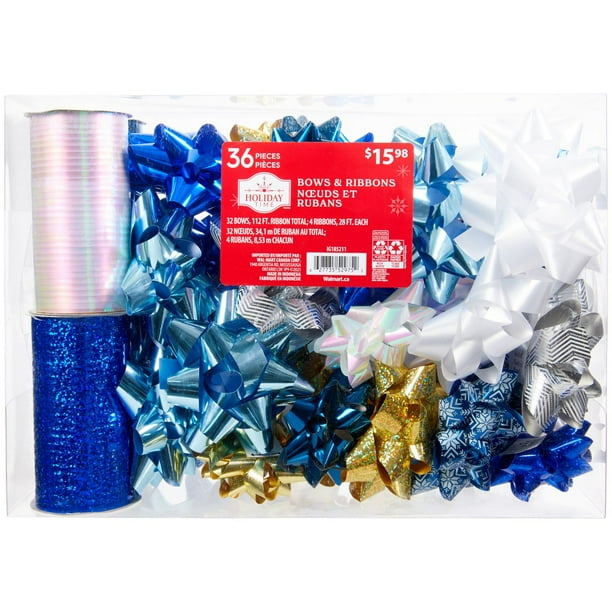 Holiday Time 36 Piece Christmas Bow and Ribbon Ensemble, Winter Blue