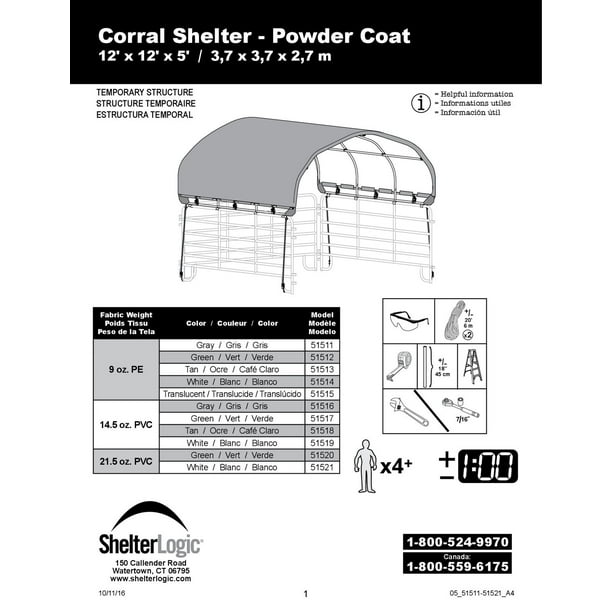 Abri de corral ShelterLogic de 12 x 12 po avec couverture verte d'1 5/8 po et 9 oz (panneaux de corral non compris)