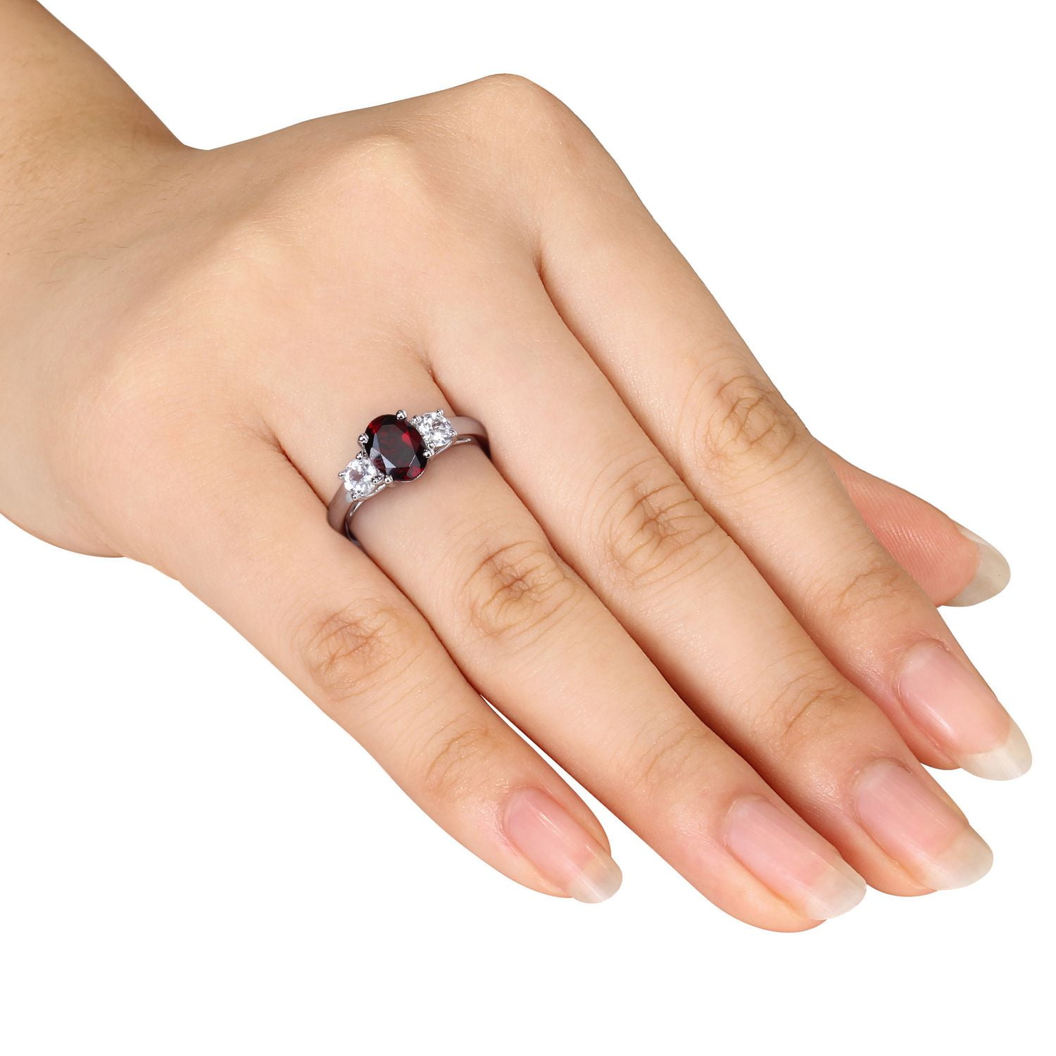 Tangelo 2 Carat T.G.W. Oval-Cut Garnet and Created White Sapphire Sterling Silver Three-Stone Ring