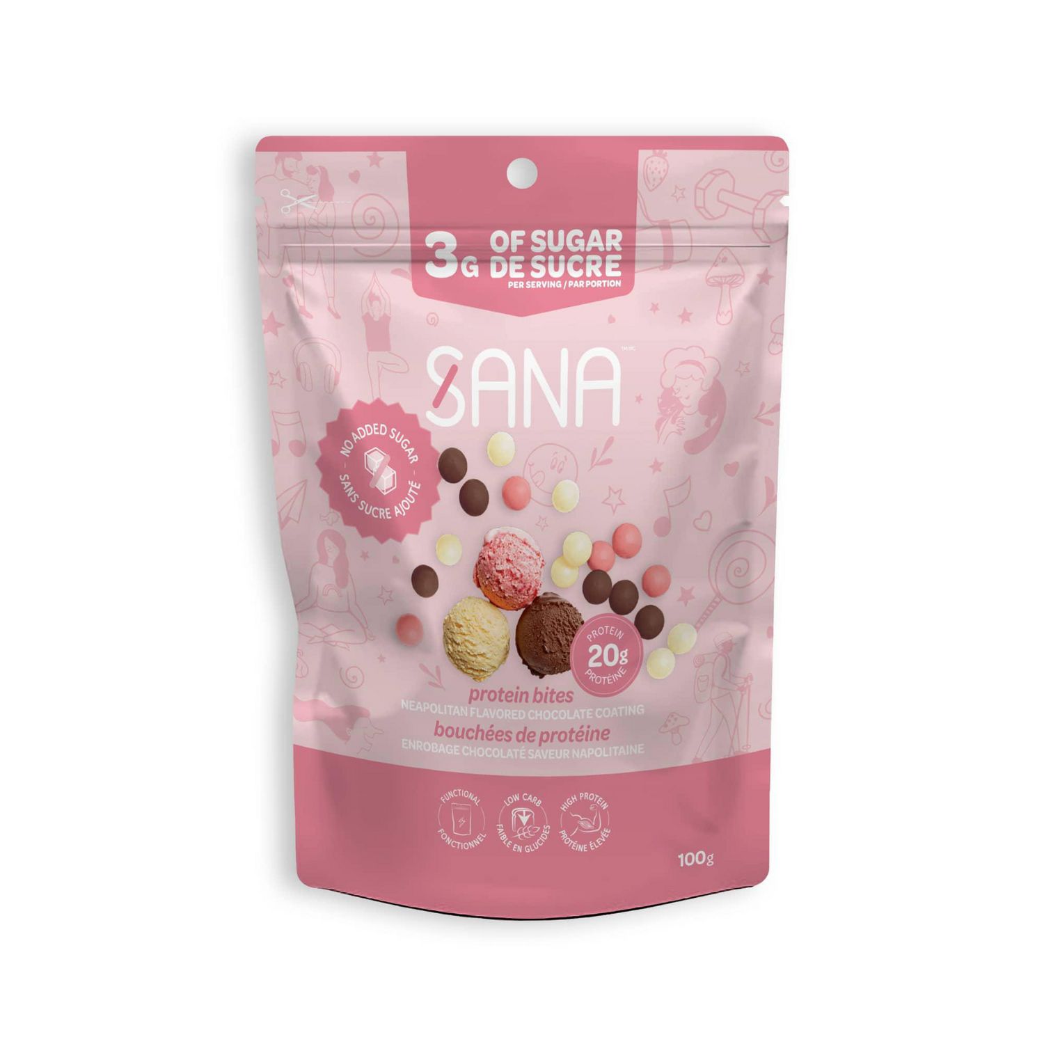Sana Neapolitan Chocolate-Style Covered Protein Bites, No Added Sugar, 100g