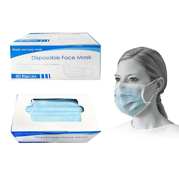 50 Masques faciaux jetables – à 3 plis, bleu