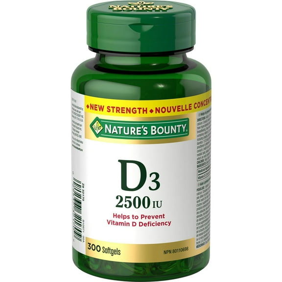 NATURE'S BOUNTY Vitamin D3, 2500 IU, Helps To Prevent Vitamin D Deficiency, Gluten-free, Dairy-free, Adults 18 And Older, 300 Softgels