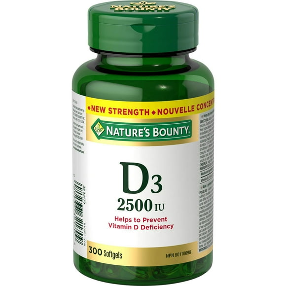 NATURE'S BOUNTY Vitamine&nbsp;D3, 2&nbsp;500&nbsp;UI, aide à prévenir les carences en vitamine&nbsp;D, sans gluten, sans produits laitiers, adultes de 18&nbsp;ans et plus, 300&nbsp;gélules 300 paquet 300 Gélules