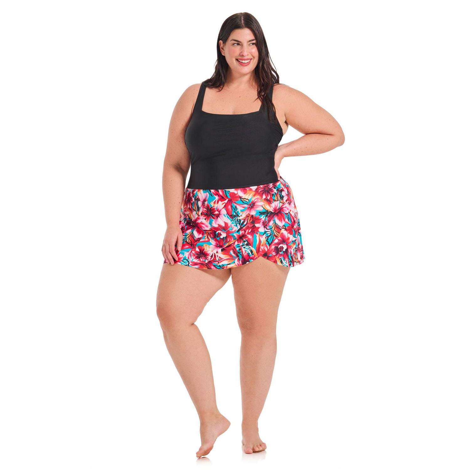 Krista Plus Women's Square Neck One Piece Swim Dress with Printed A-Line Skirt