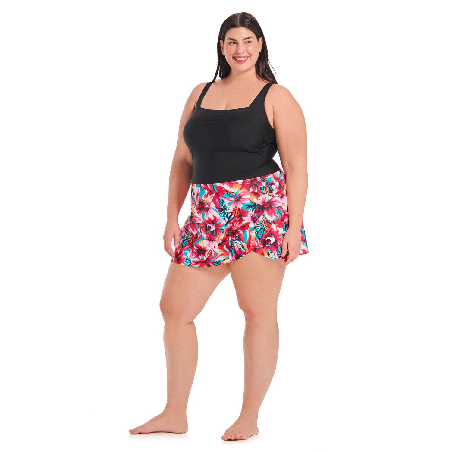 Krista Plus Women's Square Neck One Piece Swim Dress with Printed A-Line Skirt