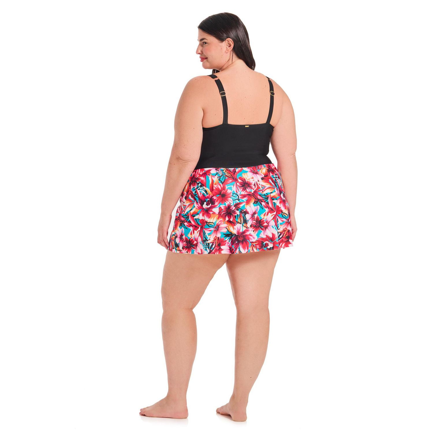 Krista Plus Women's Square Neck One Piece Swim Dress with Printed A-Line Skirt