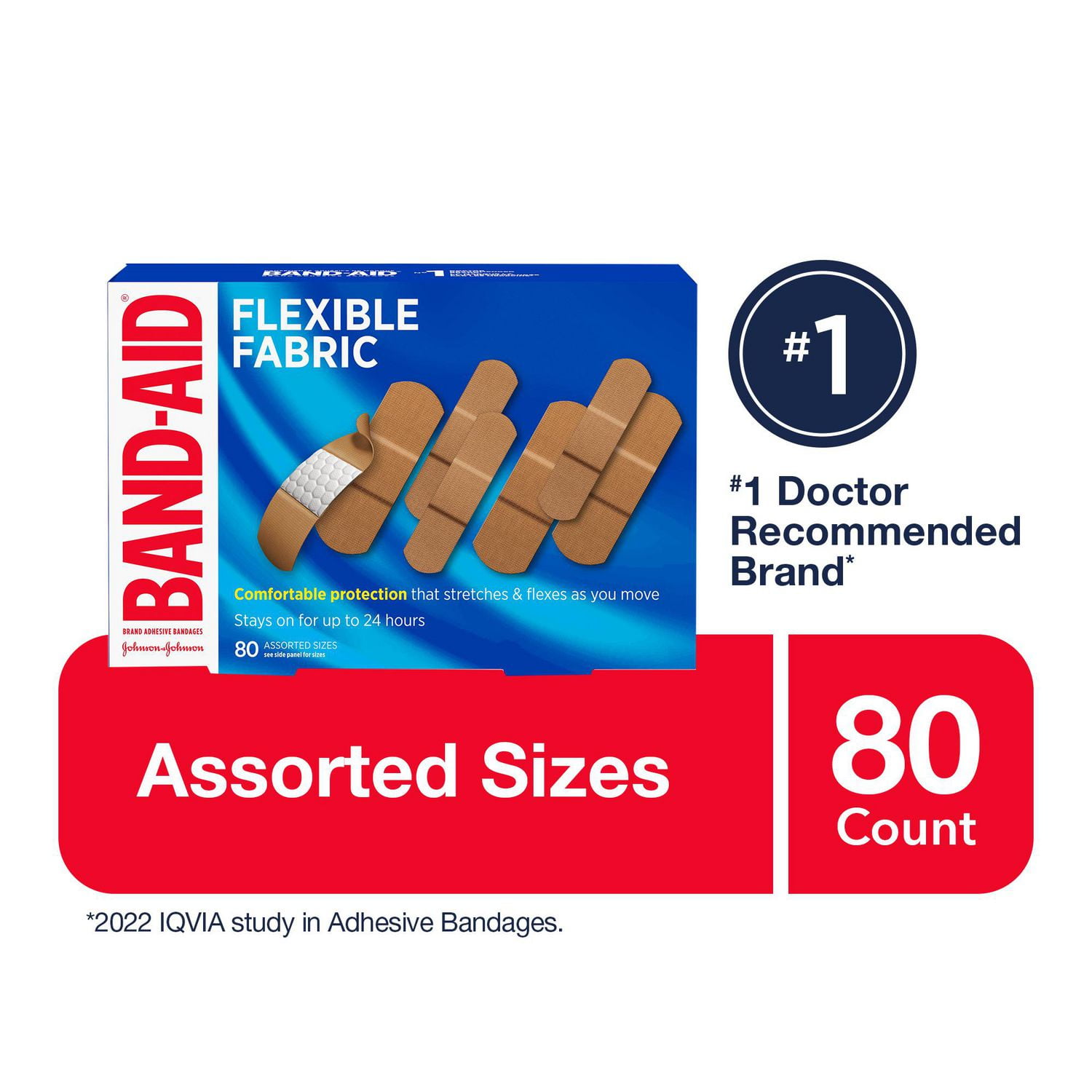 Band-Aid Flexible Fabric Adhesive Bandages, Family Pack, 80 Count, Assorted  Sizes
