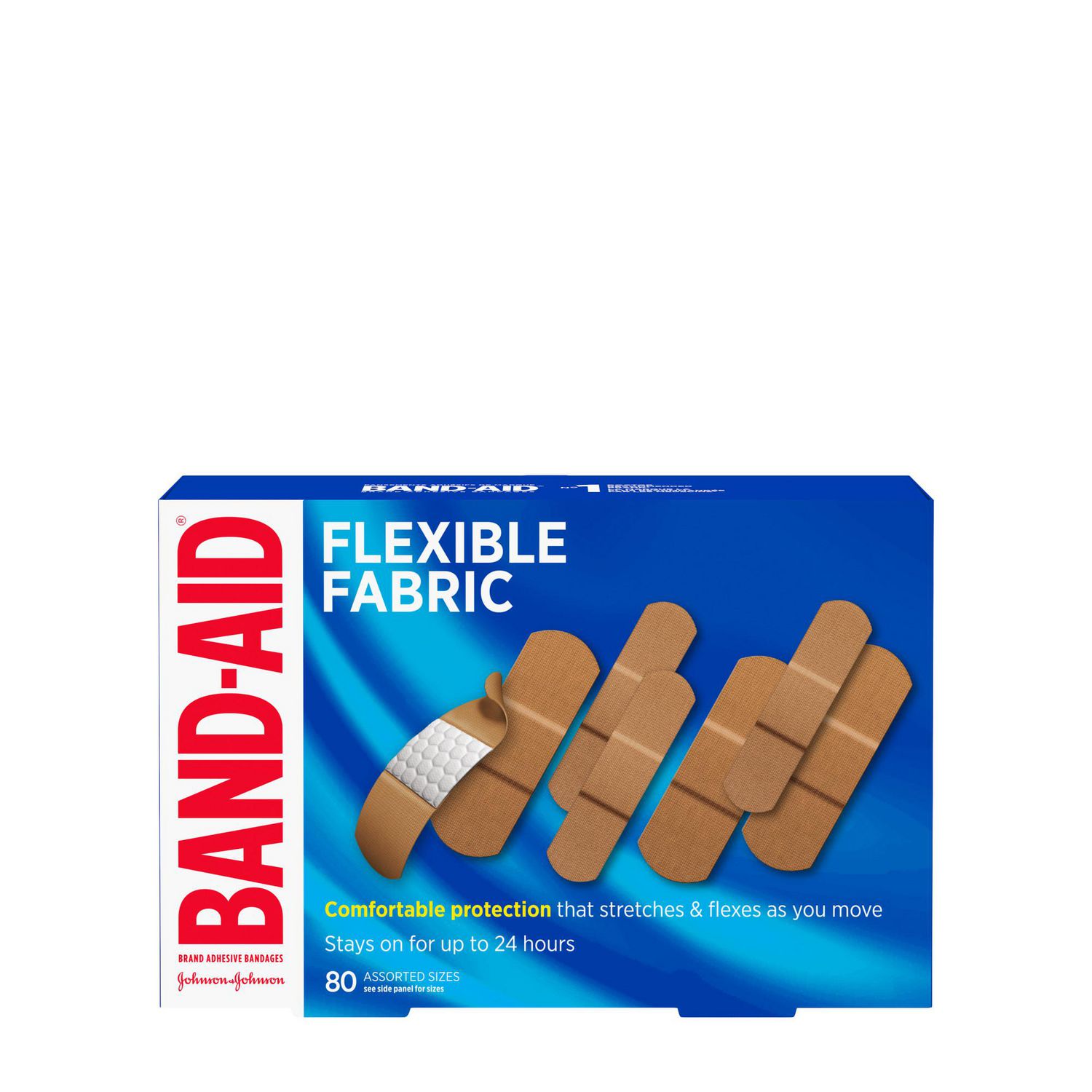 Band-Aid Brand Flexible Fabric Adhesive Bandages, One Size, 80 Count – Sterile Wound Care with Hurt-Free Comfort Pad for Minor Cuts, Scrapes & Burns