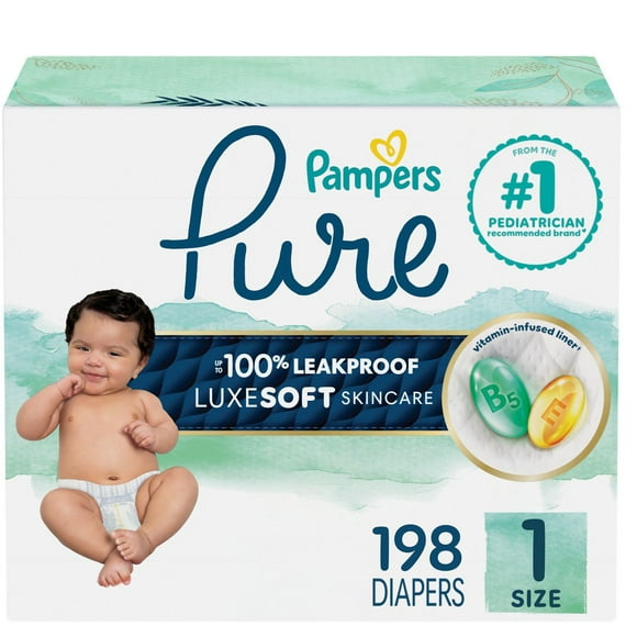 Couches pour bébés Pampers Pure, taille 2 ( à 8lb à 35+lb]), jusqu’à 100 % sans fuites, couches douces hypoallergéniques haut de gamme