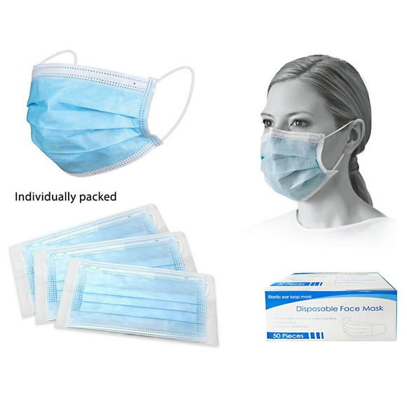 50 Masques faciaux jetables – à 3 plis, bleu