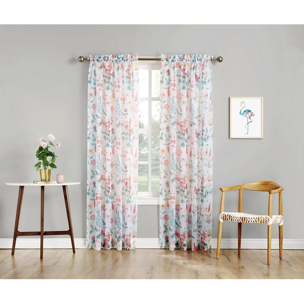 Mainstays Printed Floral Voile, 1, 2PK Rod Pocket Curtain Panels, 58”W x 63”