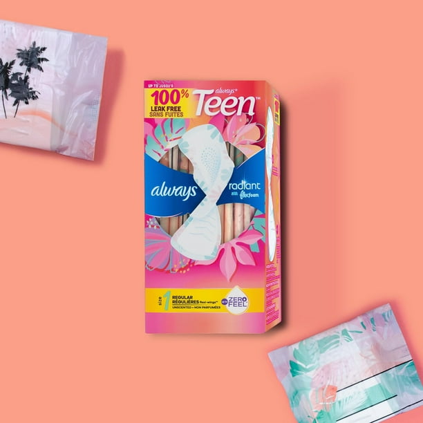 Always Radiant FlexFoam Teen Pads Regular Absorbency, 100% Leak Free  Protection is possible, with Wings, Unscented, 14 Pads 