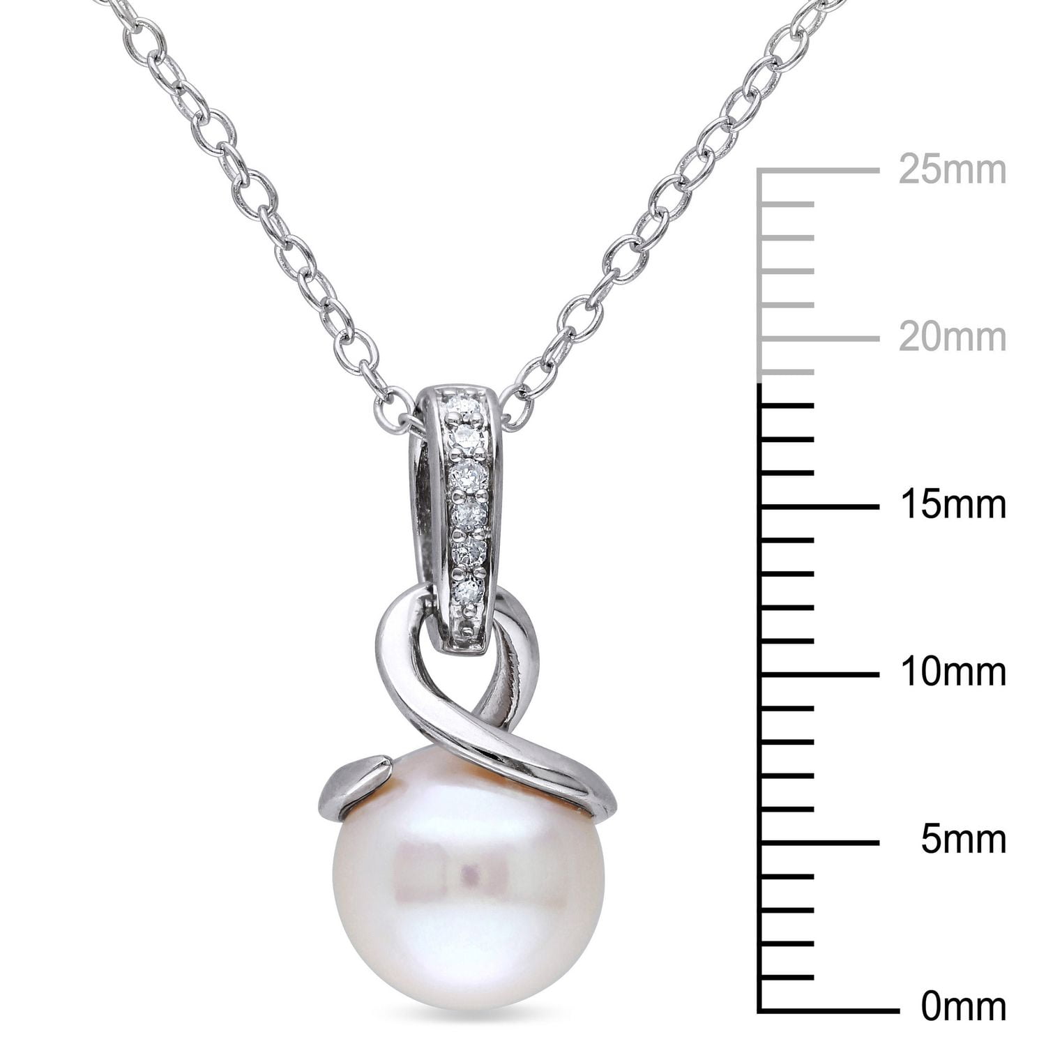 Pendentif Miabella avec perle d'eau douce blanche cultivée de forme ronde 8-8,5 mm et accents de diamants, en argent sterling, 18 po