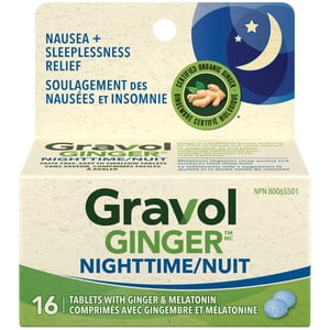 Gravol Ginger Nighttime Comprimés contenant de la mélatonine - Nausées & Soulagement de l'insomnie, avec 20 mg Extrait de gingembre biologique & 3 mg de mélatonine