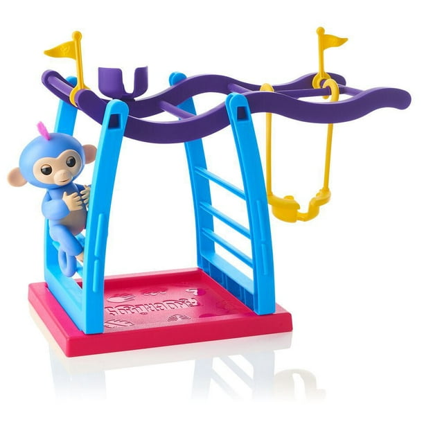 Ens. jeu aire de jeux avec barre Figerlings by WowWee avec Liv le bébé singe de couleur bleu avec des cheveux roses