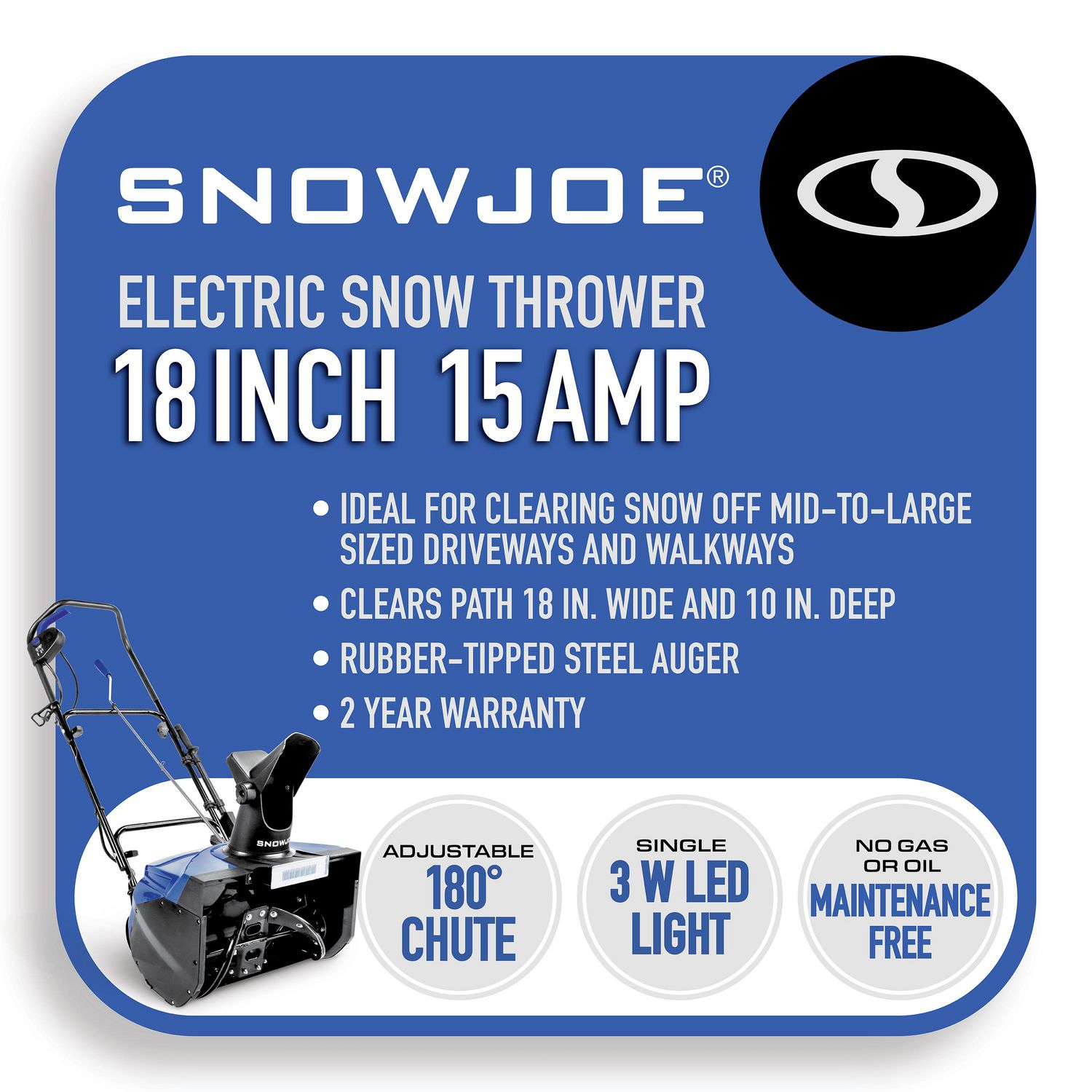 Snow Joe 18-Inch Electric Single Stage Snow Thrower, 15 Amp Motor