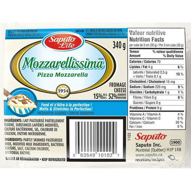 Fromage pizza mozarella Mozzarellissima de Saputo Lite