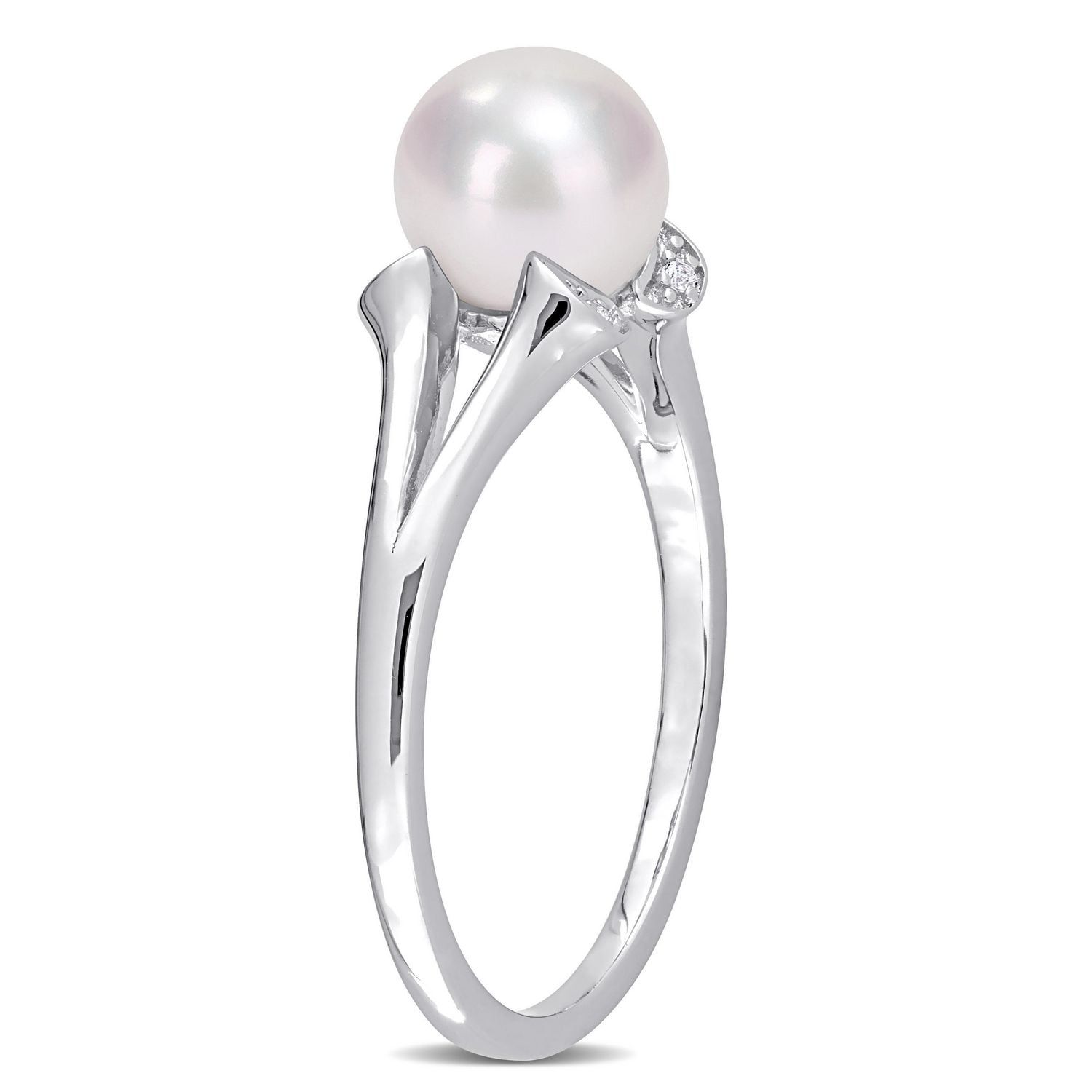 Miabella 7-7.5mm Freshwater Cultured Pearl and Created White Sapphire Sterling Silver Split-Shank Ring