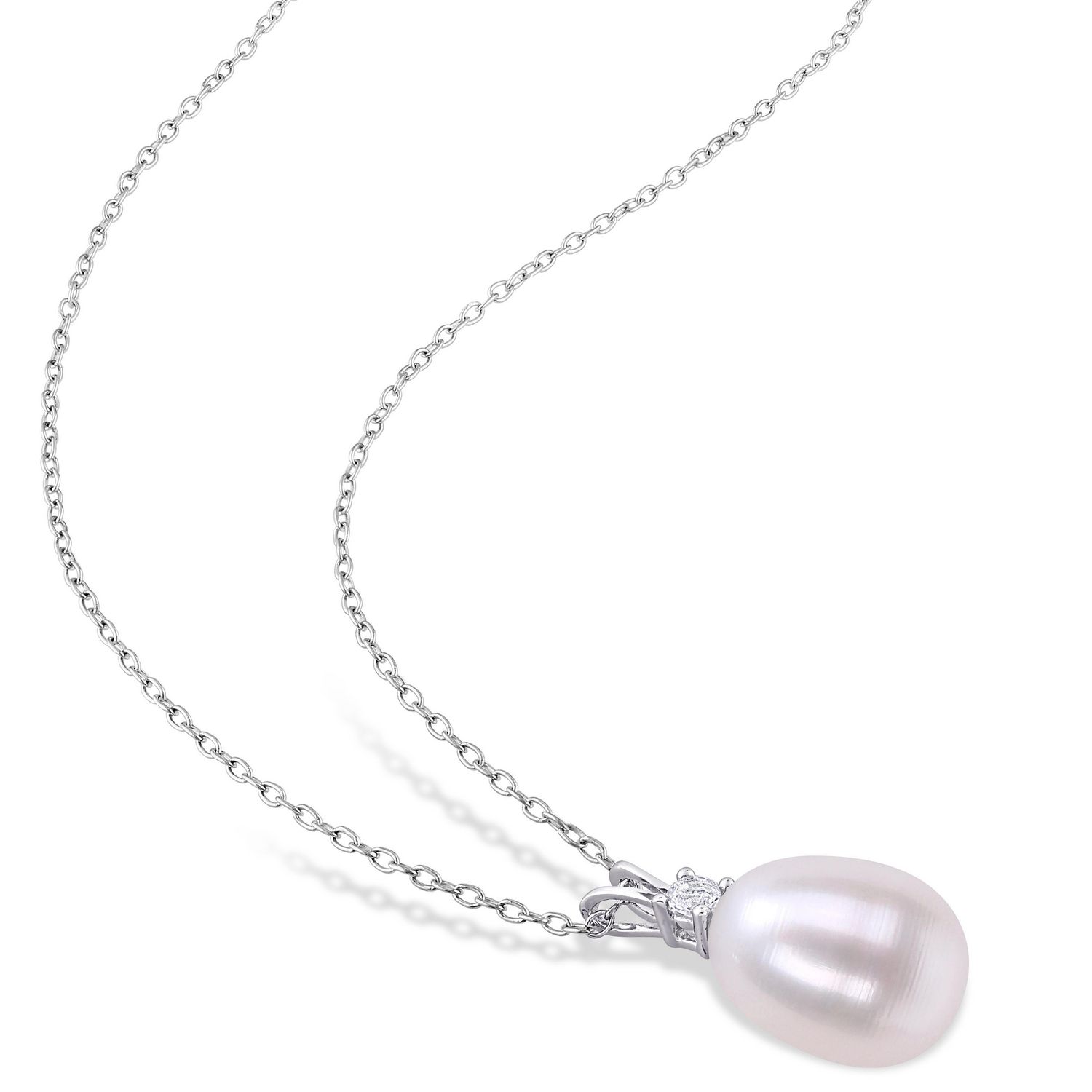 Miabella Freshwater Cultured Pearl and 1/10 Carat T.G.W. Created White Sapphire Sterling Silver Pendant with Chain
