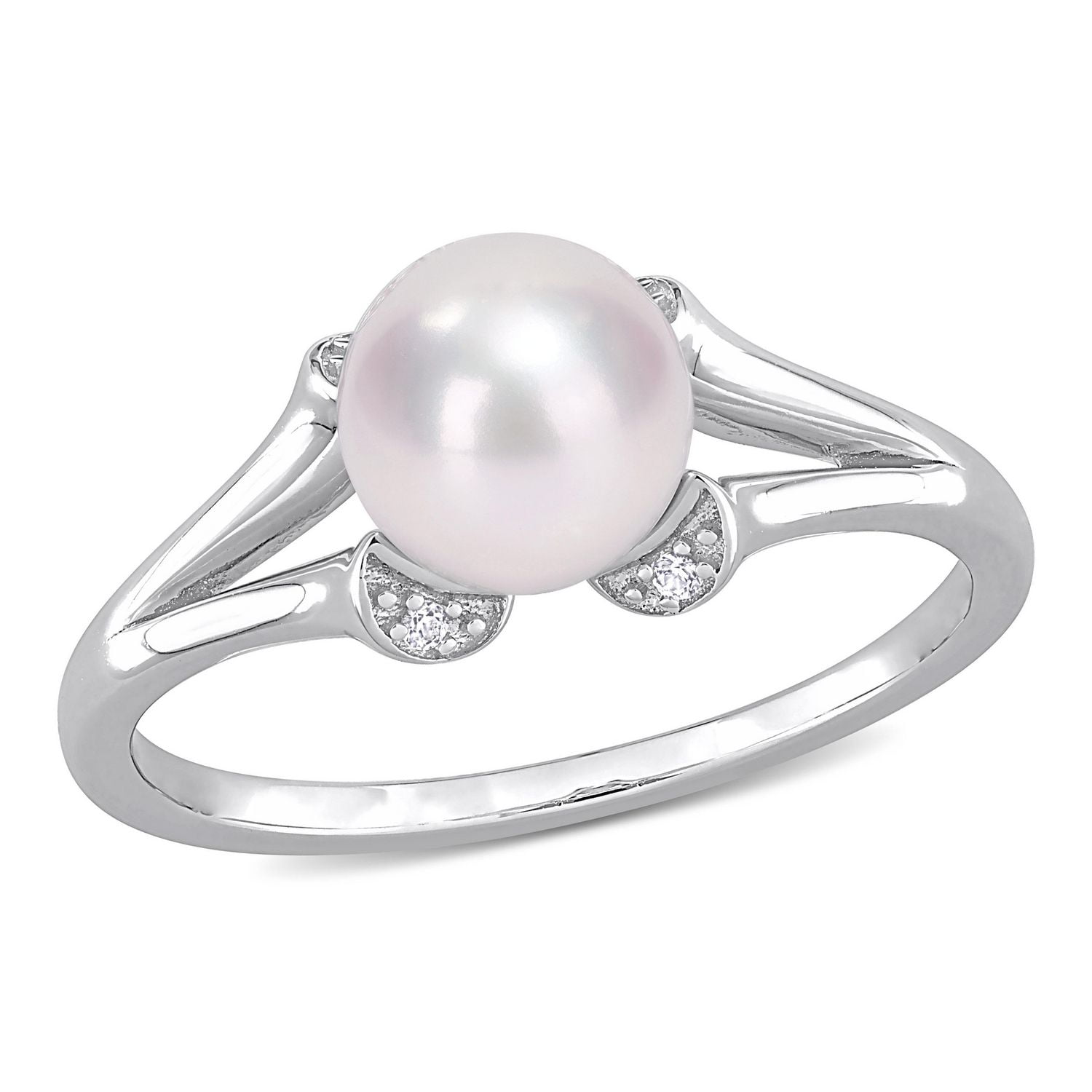 Miabella 7-7.5mm Freshwater Cultured Pearl and Created White Sapphire Sterling Silver Split-Shank Ring