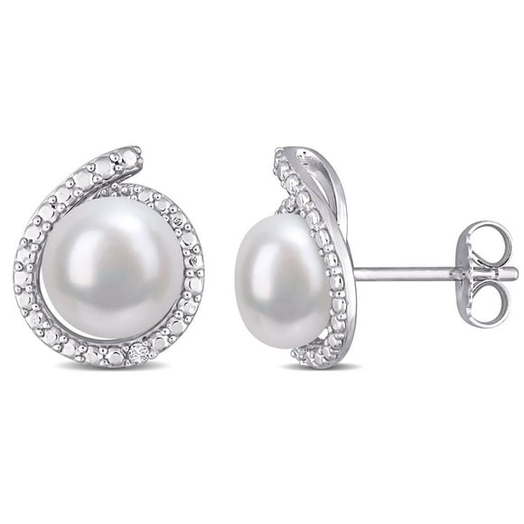 Miabella Freshwater Cultured Pearl and Diamond Accent Sterling Silver Halo Stud Earrings