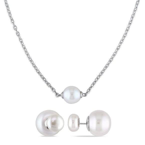 Parure à 2-bijoux Miabella composée de clous d’oreilles et collier avec perles d’eau douce cultivées en argent sterling