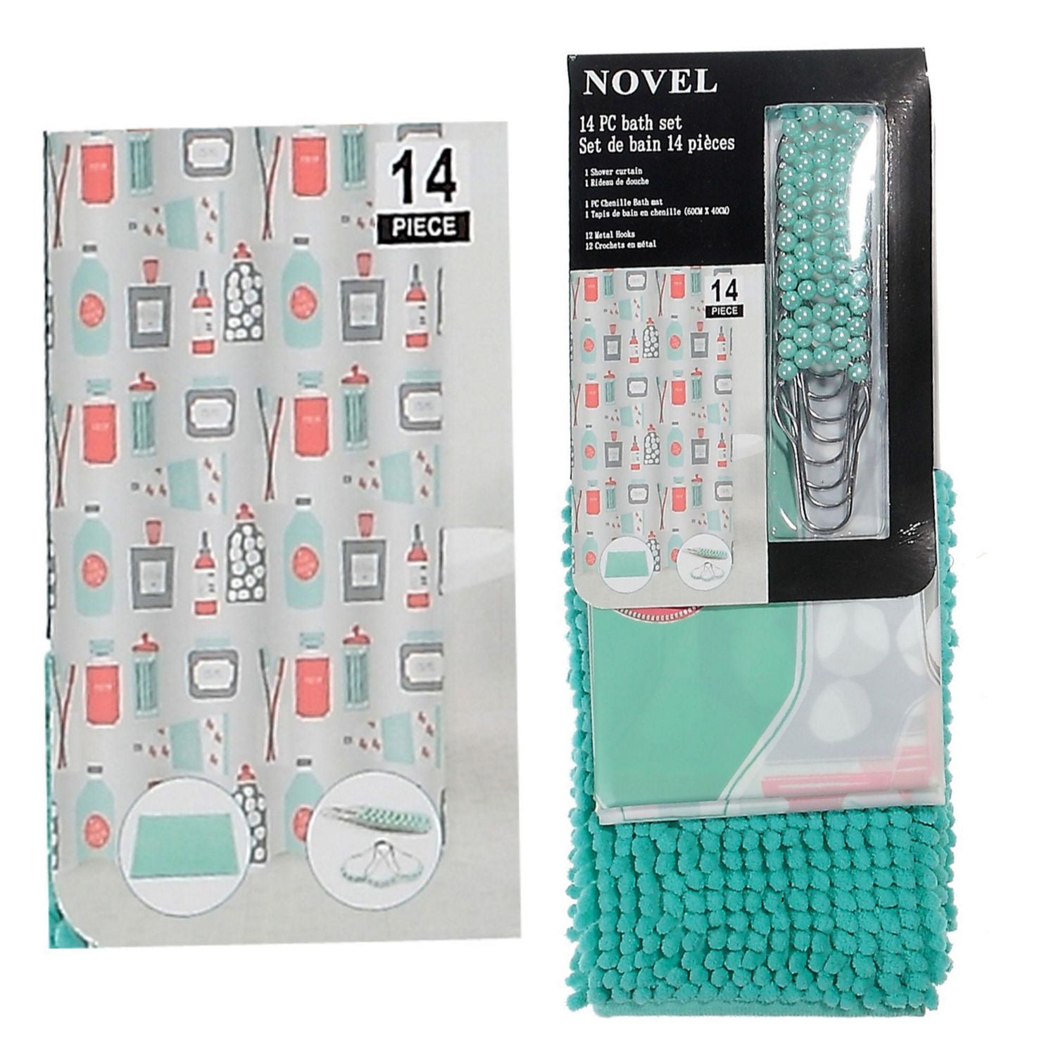14Pc Set Peva S. Curtain + 12 Hooks + Bathmat Bath Essentials