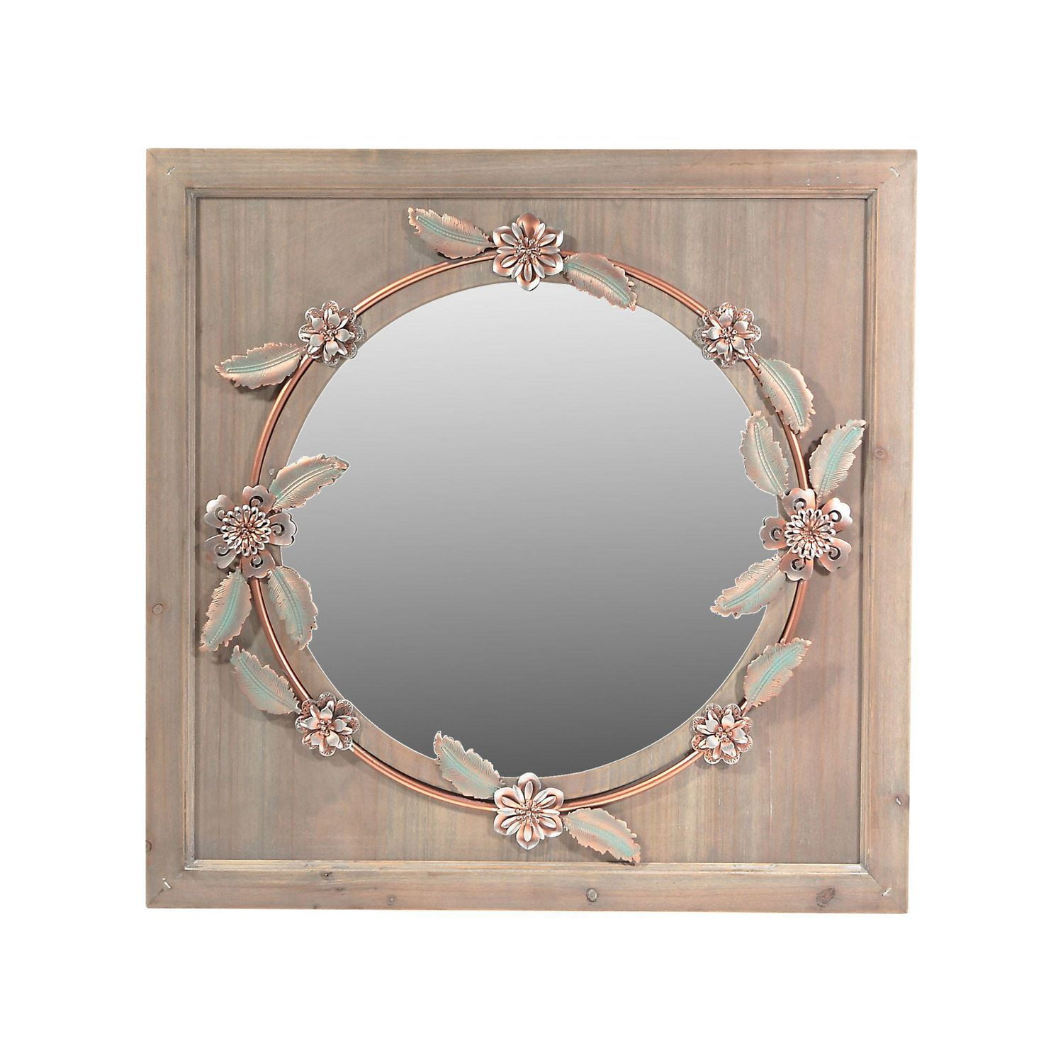 Square Wood Framed Round Mirror With Metal Floral Accents Walmart Canada