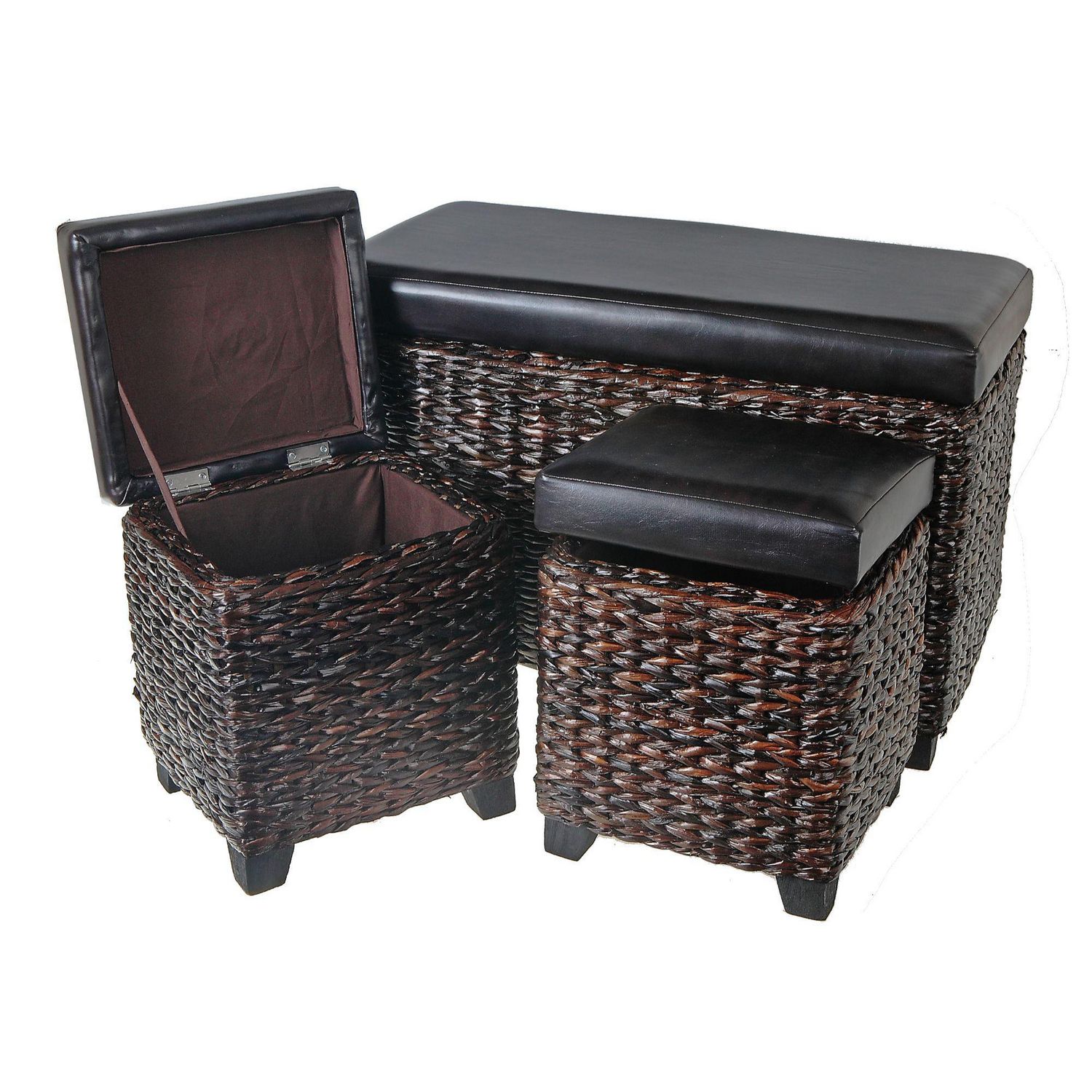 Set Of 3 Brown Wicker Storage Ottoman With Pleather Seat | Walmart Canada