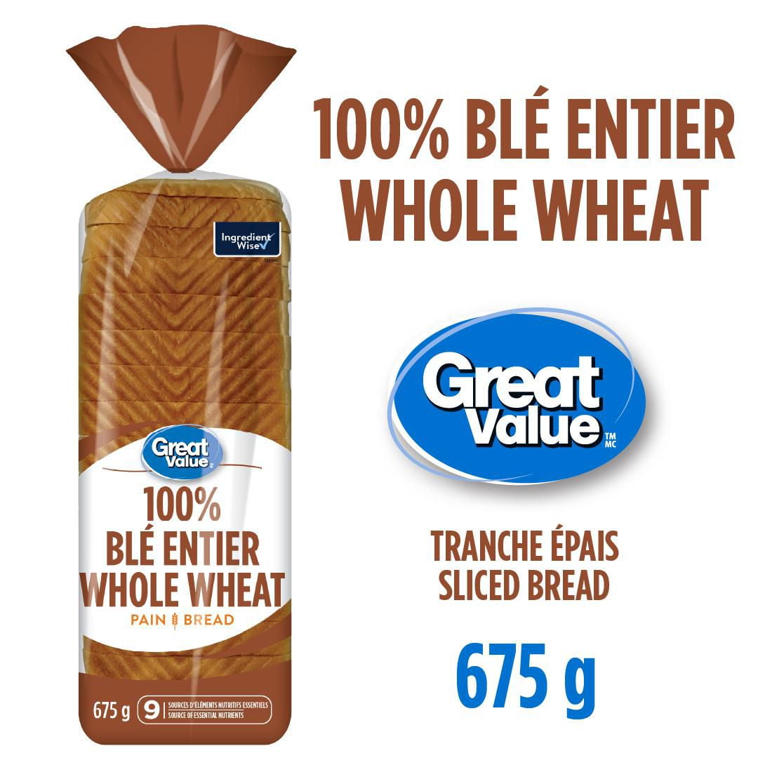 Great Value Whole Wheat Bread, 675 g