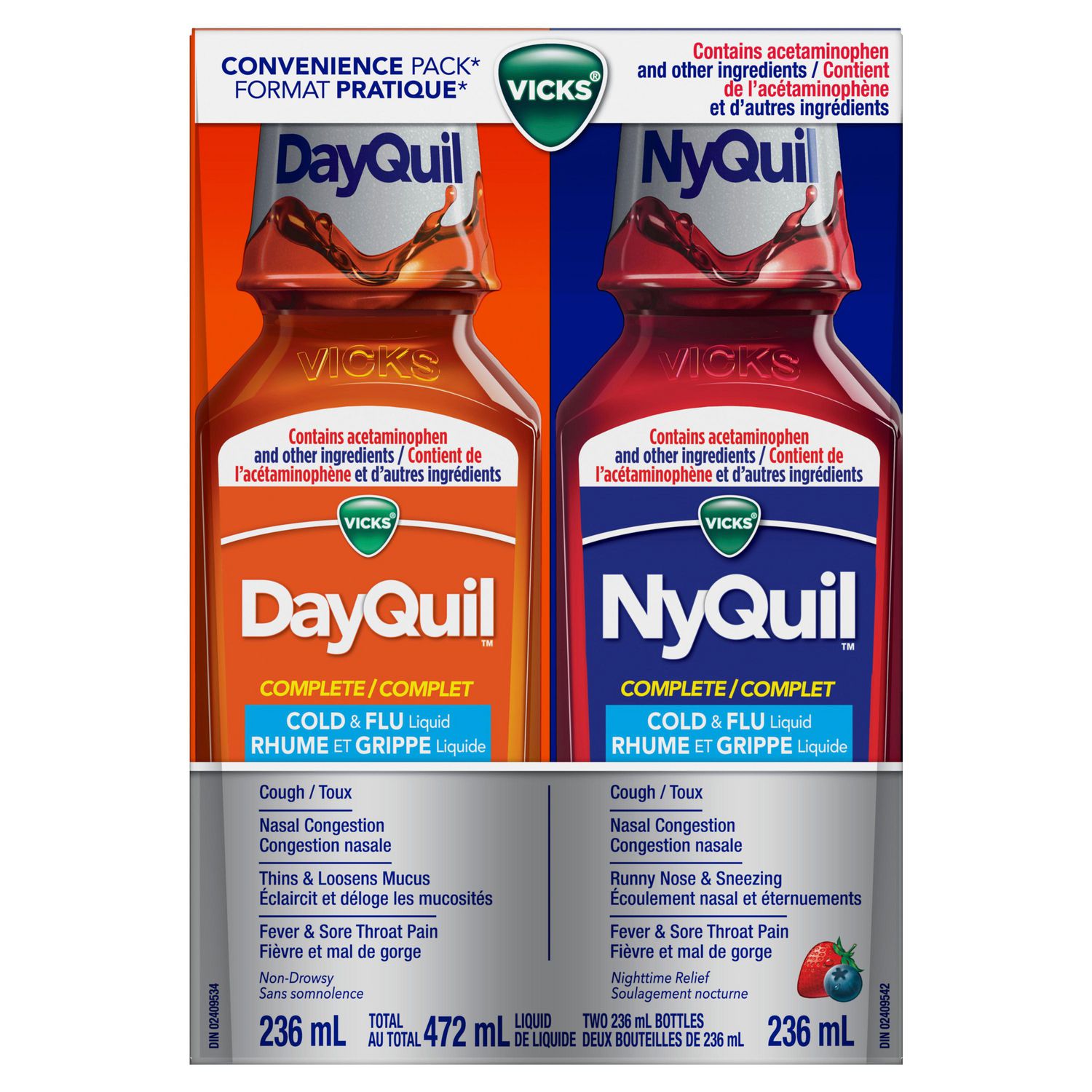 Vicks DayQuil&NyQuil COMPLETE Cold & Flu Symptom Relief, Berry Flavor Liquid Medicine, Relieves Headache, Fever, Sore Throat Pain, Minor Aches, Nasal Congestion, Sinus Pressure, Stuffy Nose & Cough, Convenience Pack, 2 236mL Bottles, 1 NyQuil, 1 DayQuil