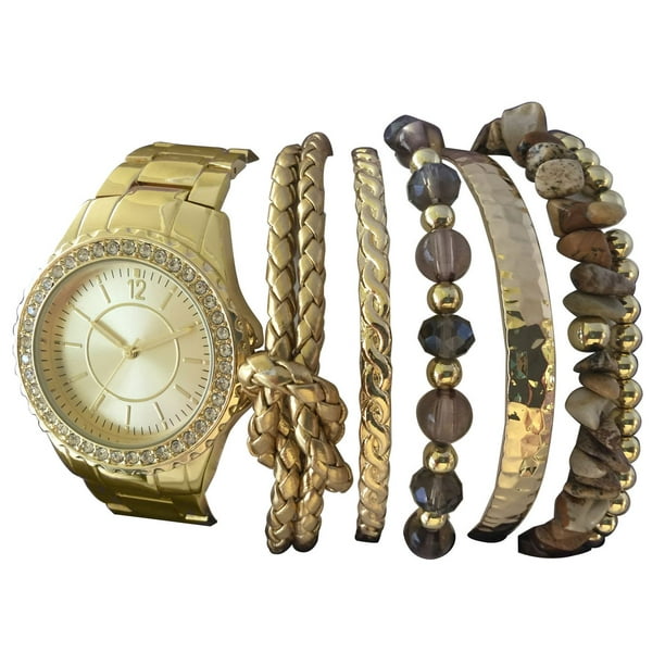 Montre Fashion Watches pour femme superposable de couleur or avec six bracelets variés