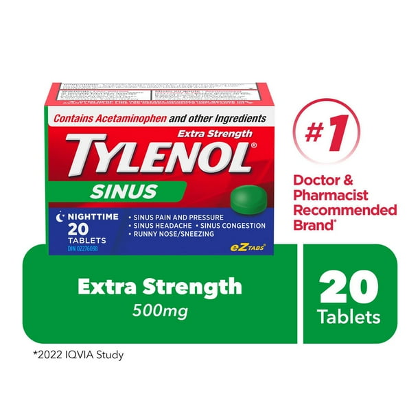 Tylenol Extra fort, Sinus, Nuit, soulage la congestion des sinus et autres symptômes sinusaux 20 comprimés