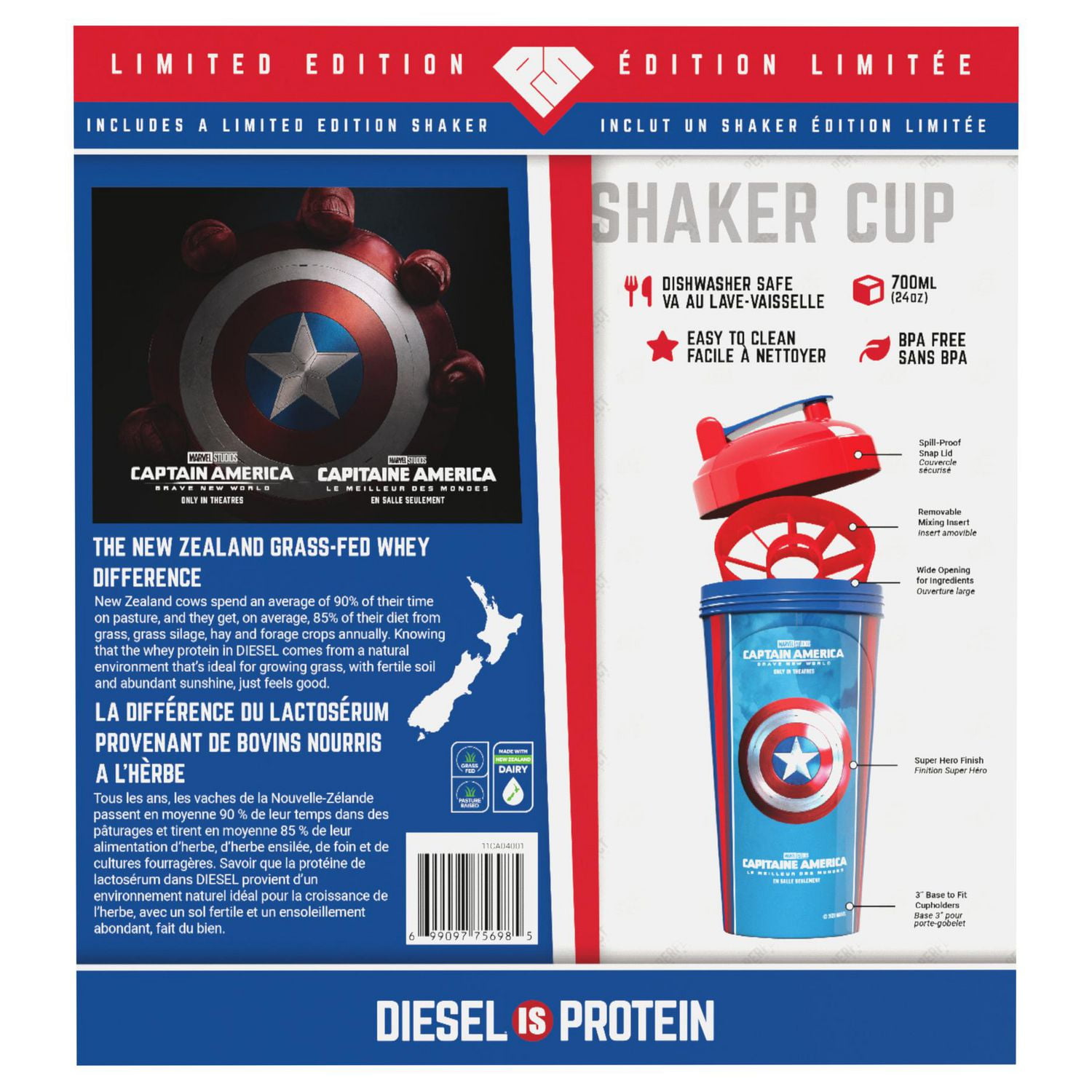 Coffret cadeau Super Héros DIESEL en édition limitée avec 900 g de protéines de lactosérum DIESEL et un shaker en édition limitée de 700 ml - Vanille française Coffre DIESEL et shaker