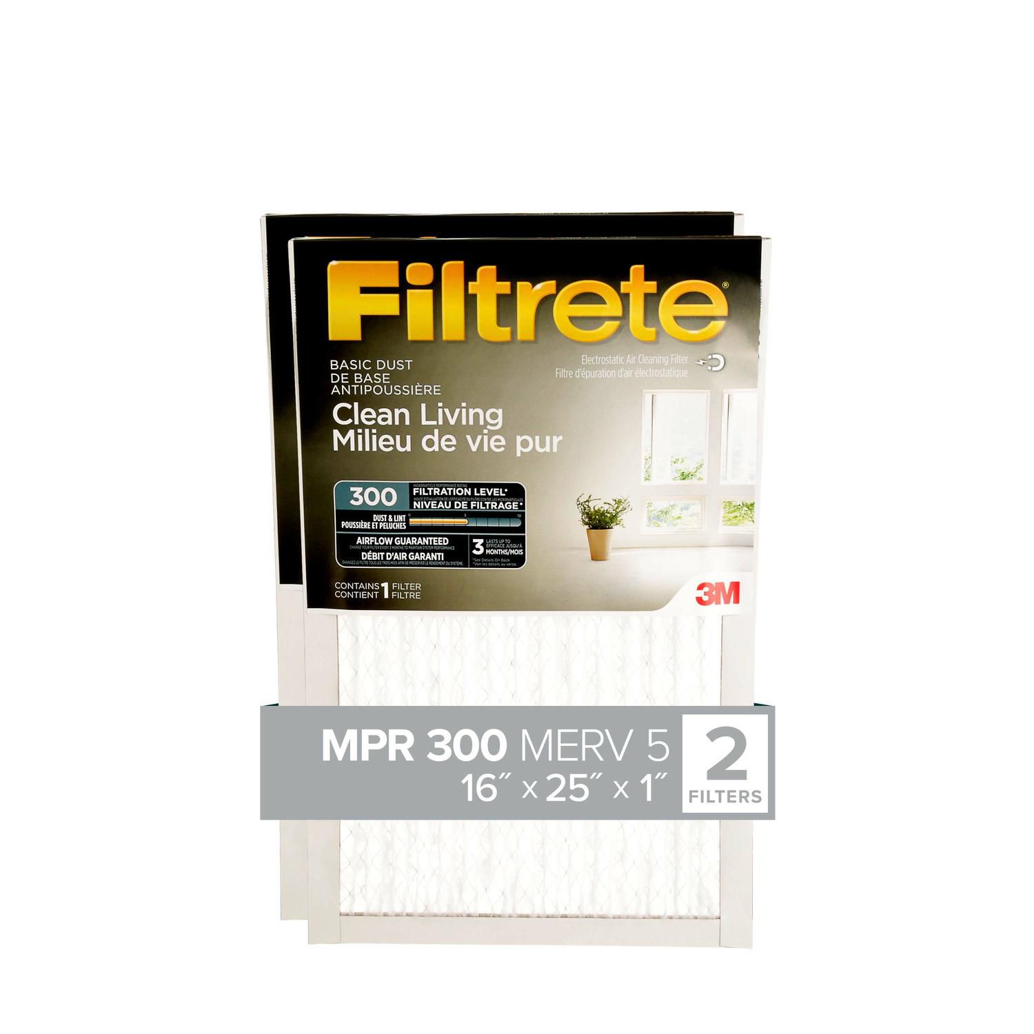 Filtrete™ Clean Living Basic Dust Filter, MPR 300, 16 in x 25 in x in,  per pack, 16 x 25 x in, 2/pack