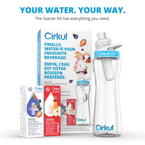 Cirkul 22oz Plastic Water Bottle Starter Kit with Blue Lid and 2 Flavor  Cartridges (Fruit Punch & Mixed Berry)
