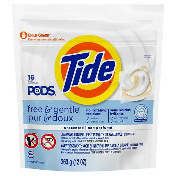 Tide PODS Free & Gentle Laundry Detergent Soap Pacs, Tide PODS Laundry Detergent, Laundry Detergent Pacs, Laundry PODS Detergent, 16CT