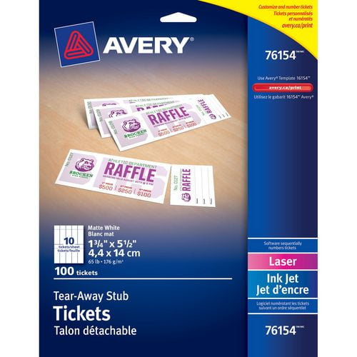 Tickets avec talon détachable Avery 76154, blanc mat, 1-3/4 po x 5-1/2 po , 100/pqt