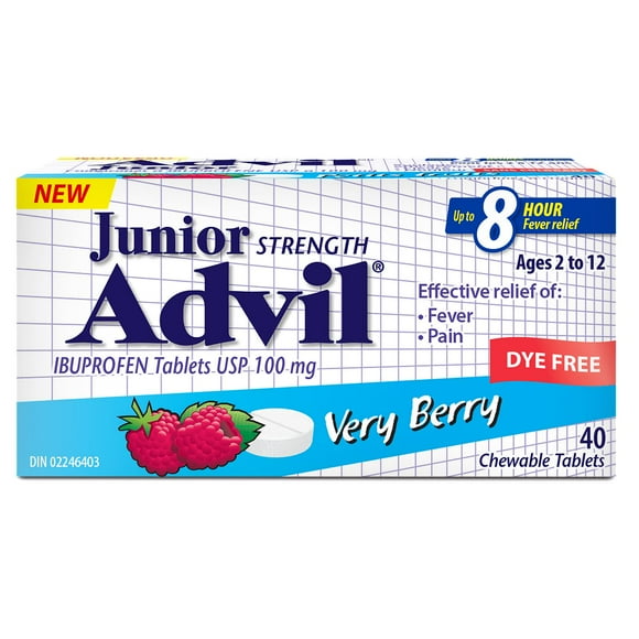 Junior Strength Advil Pain Reliever and Fever Reducer Ibuprofen Chewable Tablets, Dye Free, Very Berry, 40 Count, Very Berry - 40 Count